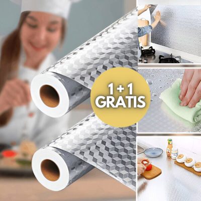 Autocolant din folie de aluminiu pentru bucătărie - 2 role, 61x300 cm, Rezistent la ulei | ALUMAX 1+1 GRATIS
